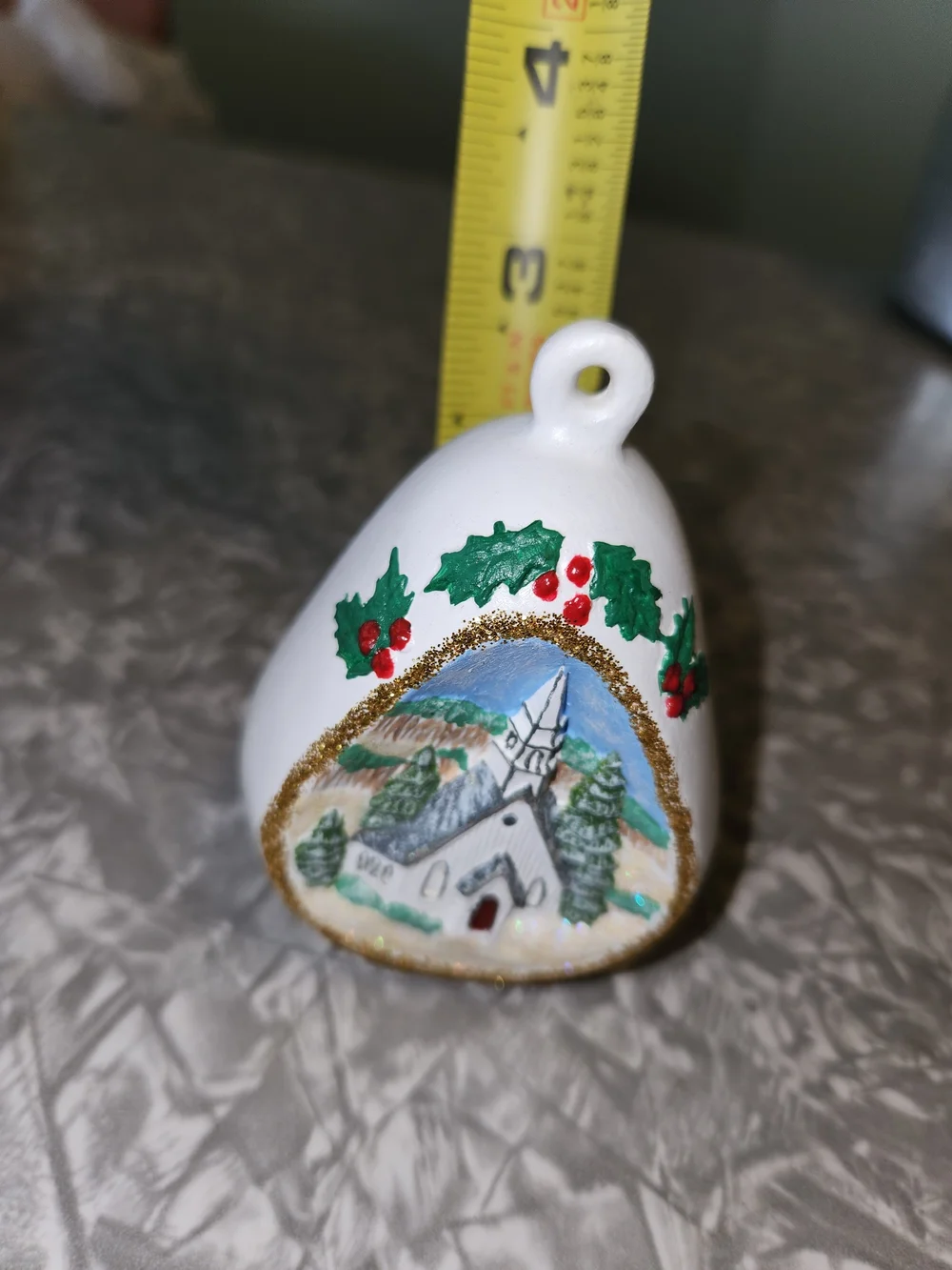 White Bell Ornament with Holly and Winter Chapel Scene